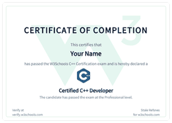 Example of the W3Schools C++ certificate